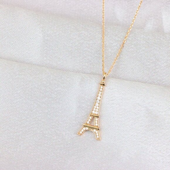 "Rose Gold Eiffel Tower Pendant Necklace with Sparkling Crystals, XPNL1883 - Picture 5 of 13